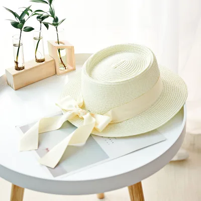 

New Summer Sun Hats Women Fashion Girl Straw Hat Ribbon Bow Beach Hat Casual Straw Flat Top