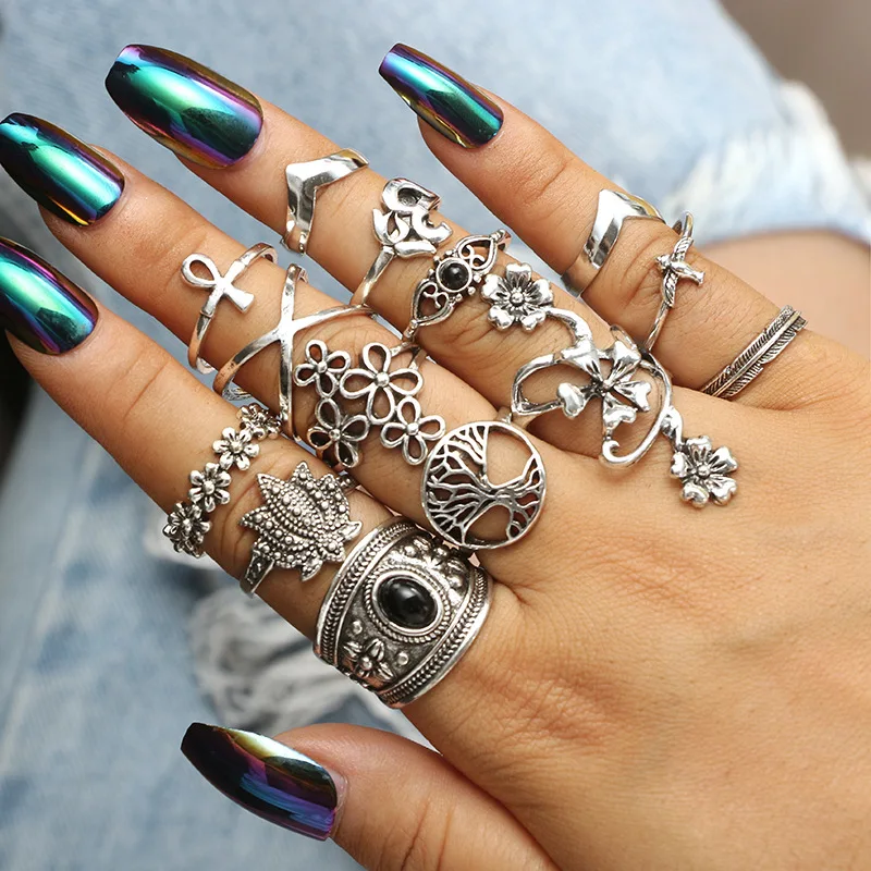 

14 Pcs/set trendy women jewelry hallow lotus flower life tree knuckle rings set black moissanite rings, Silver plated