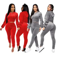 

SJ7166 - ladies casual velvet pants and hoodies two piece set