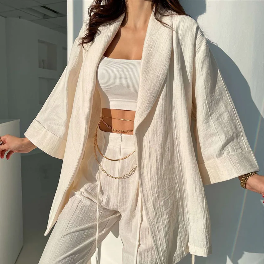 

Wholesale summer fall Elegant cotton sets women Casual Loose Fit Comfy Pants Turndown Collar 2 Piece Set Women New Arrivals 2023