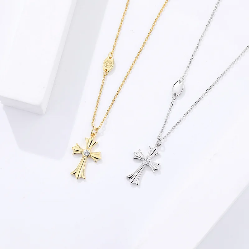 

VIANRLA Sterling Silver 925 Chain Necklace Cross Pendant Zircon Fashion Jewelry Necklace 18k Gold Plated For Women