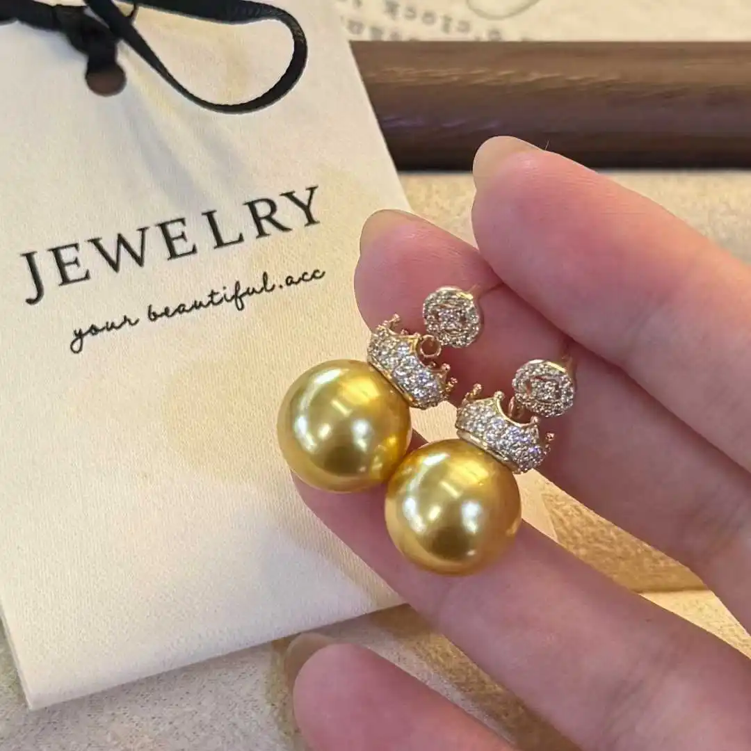 Crown Earrings 14mm Perfect Artificial Crystal Imitation Southern Sea Gold Pearl Earrings