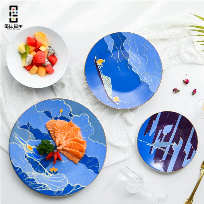 

Restaurant Art Porcelain Dinner Plates Set Wholesale Ceramic Dinnerware, Blue