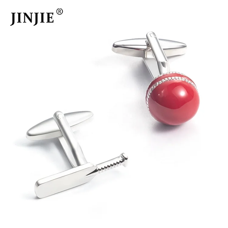 

Premium Cricket Bat and Ball Cufflinks Brass Funny Design Sport Silver and Red Color Cuff links, As pics