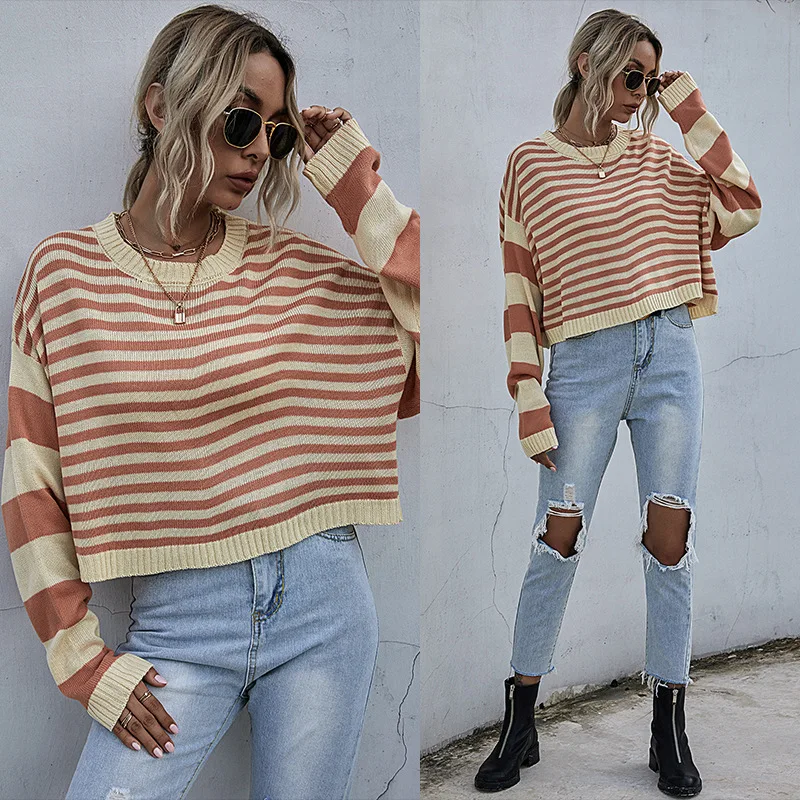 Striped Pullover Loose Knit Women's Short Sweater Outer Wear - Buy