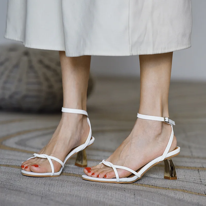 

PDEP 2020 summer Special shaped heel sandal women new French one line belt slim heel Roman style high heeled lady, White,black