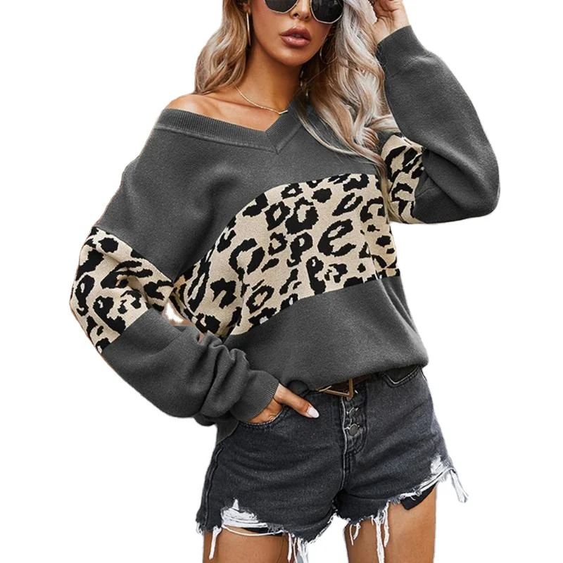 

Winter Warm Casual Patchwork Oversize Loose Knit Pullover Women Leopard Print Sweater