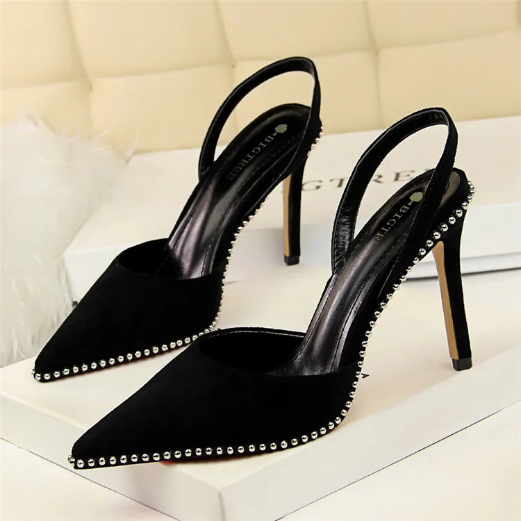 

Designer Rivet Pointed Toe Velvet Sandals Stiletto Black Heels For Women Shoes Womens Heels Shoes