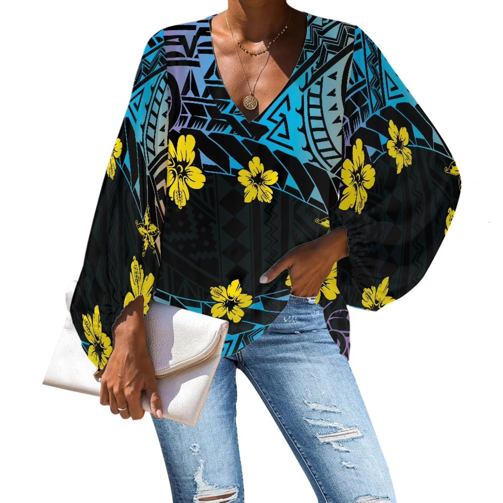 1MOQ Customise Outdoor Travel Clothing Samoa Tribal Flower Polynesian Pattern Women's Chiffon Shirt Casual Tee Blouse Women Tops
