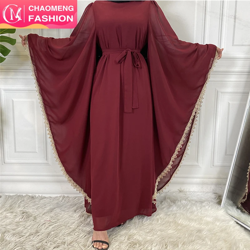 

6529# Middle Eastern Solid Color Muslim Women Bat Sleeve Loose Chiffon Dresses Abaya With Embroidery Border, Beige, dgreen, maroon,agreen, blue,black