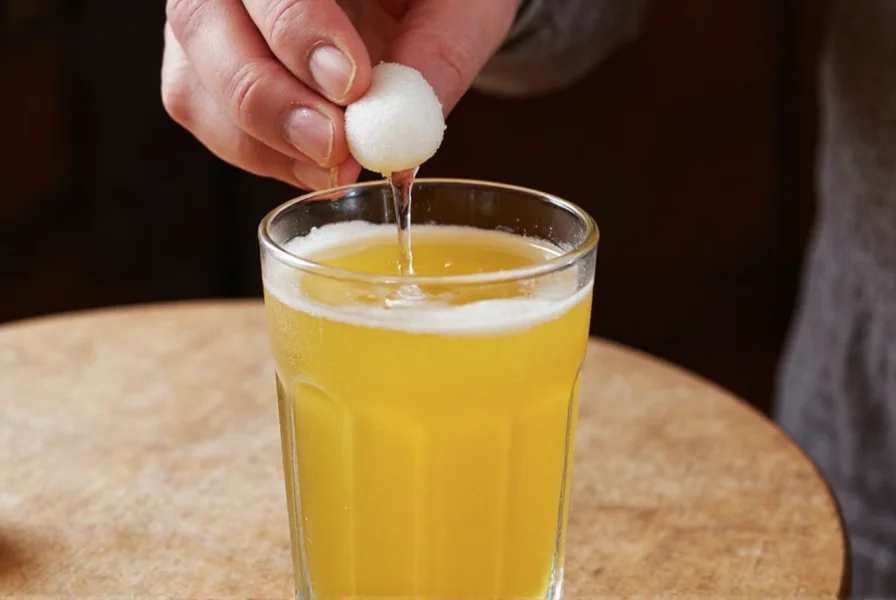 Traditional French pastis preparation showing water dripping over sugar cube into glass of pastis, creating the characteristic louche effect