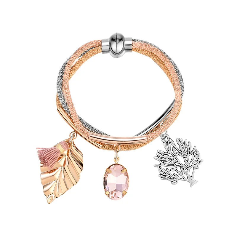

2021 Sweet Girls Pink Rhinestone Crystal Tassel Bracelets 24K Gold Plated Leaf Hollow Tree Dangle Bracelet