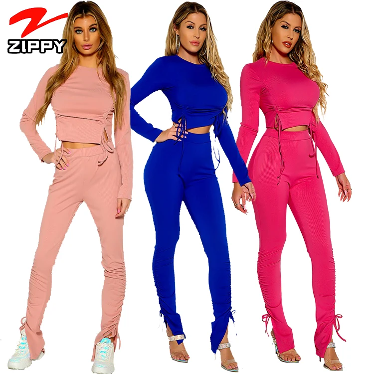 

Full Sleeve ribbed Two Piece Outfits Women's Tracksuit 2 Piece Bodycon Sweatsuit Fitness stacked Jogging Set lounge wear, Customized color