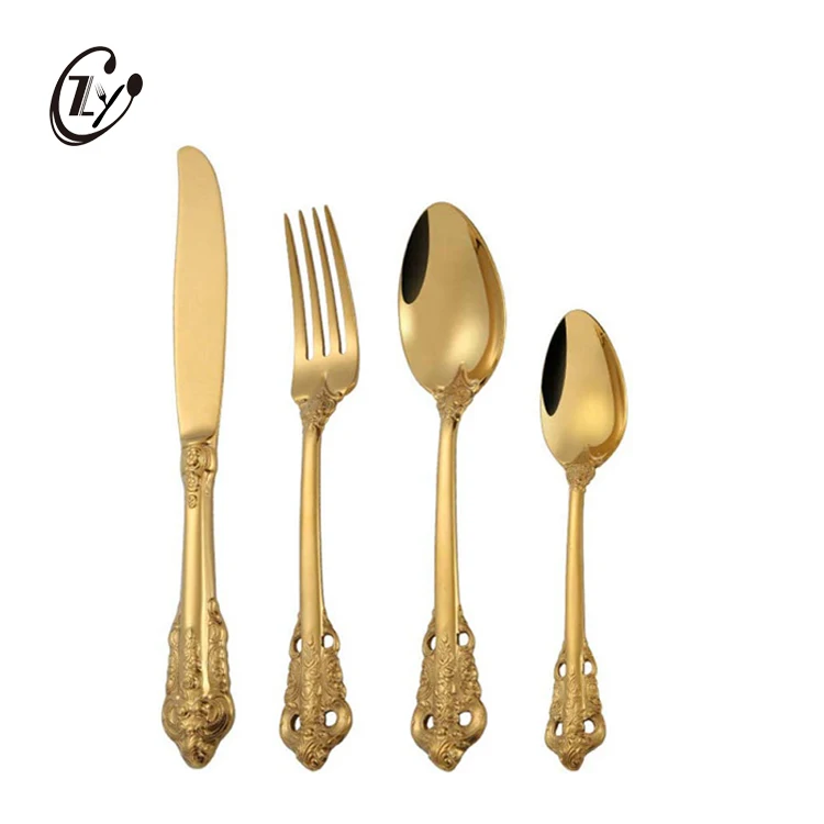 

Luxury Baroque Style Gold Stainless Steel 4pcs Flatware Royal Cutlery Set For Wedding Gift, Silver/gold