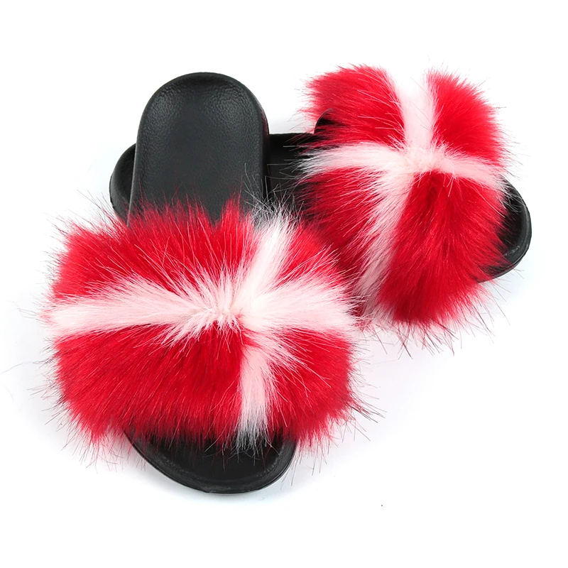

Ladies Faux Fur Slippers Fashion Mixed Color Furry Slides Soft Sole House Flat Shoes Comfortable Women's Slipper