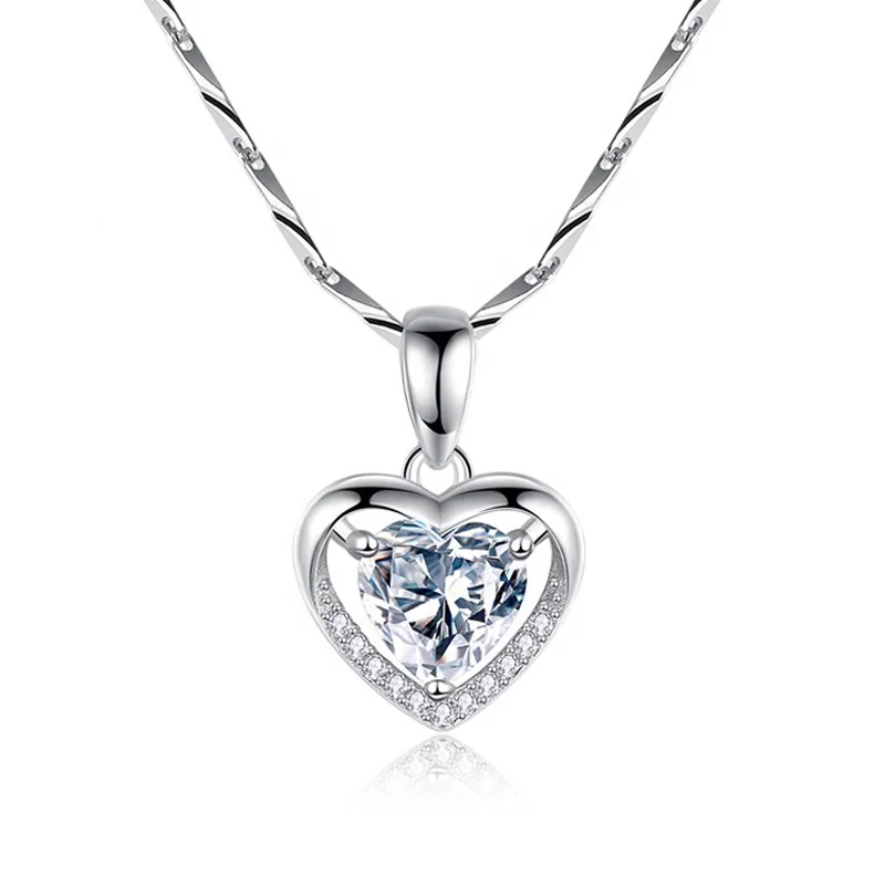 

2020 Fashion 925 Sterling Silver Colored Gemstone Crystal Pendant Cubic Zirconia Love Heart Lady Necklace Wedding Jewelry, Picture shows