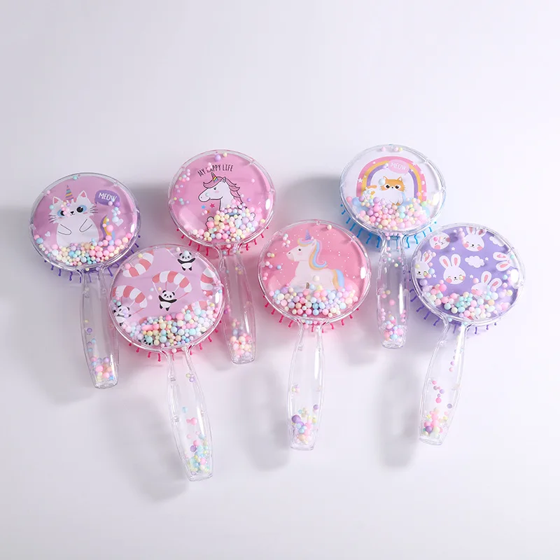 

Round shaped pink rabbit unicorn transparent hair brushes airbag hair combs girls hair brush for baby handle comb