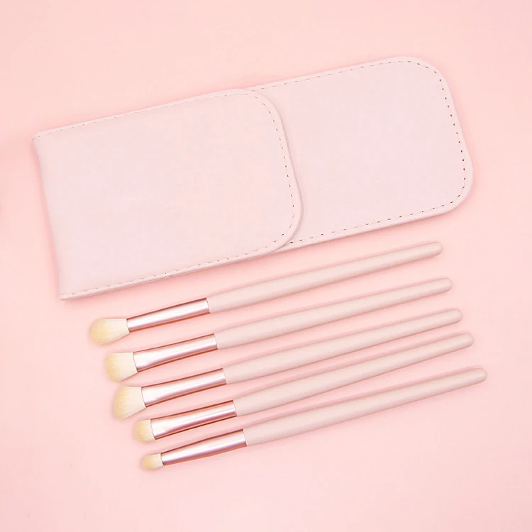 

2021 new arrive pink green beige orange Portable 5pcs Eye shadow Eyebrow Makeup Brushes Set with Leather PU Bag, 4 colors available