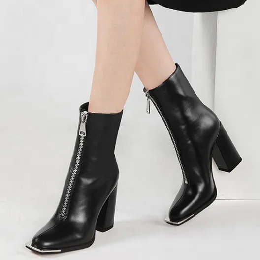 

New Fashion PU Upper Square Toe Front Zip Women Short Booties Chunky High Heel Solid Dating Ankle Boots For Ladies, Black,beige