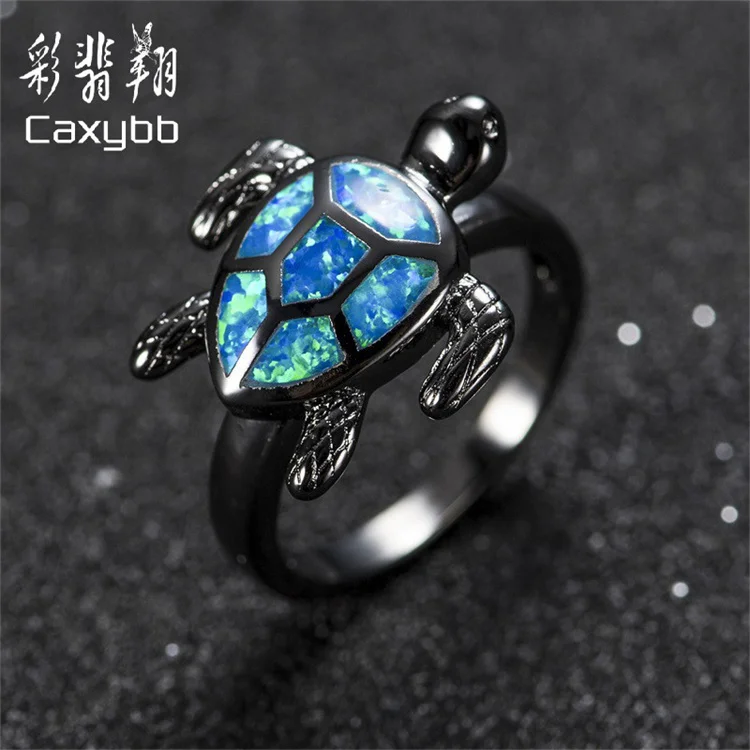 

Wholesale European and American style ladies opal stone ring natural australian gemstone turtle ring jewelry, Silver /black