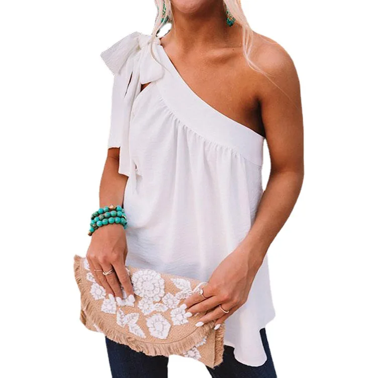 

2021 Summer Amazon Women's New Slanted Shoulder Lace-up Top
