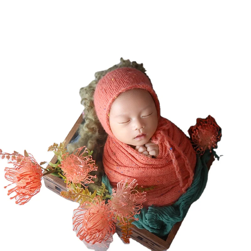 

Colored spots stretch knitted mohair wrap bonnet set for newborn photography props Soft jersey Wrap hat Baby photo shoot