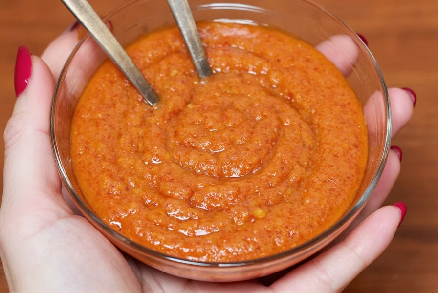 A small bowl of bright orange sauce aji on a wooden table