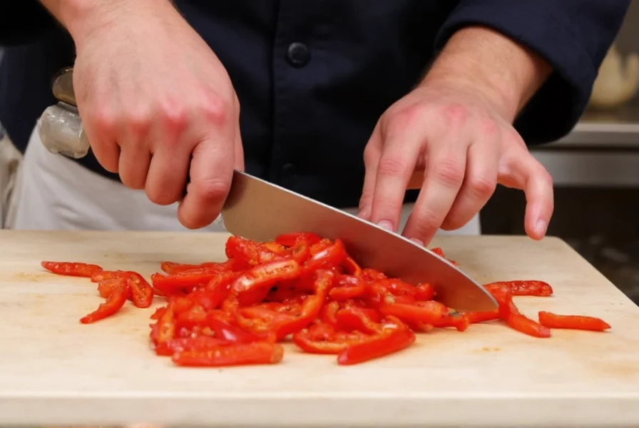 Chef slicing red fresno chile peppers for a fresh salsa preparation