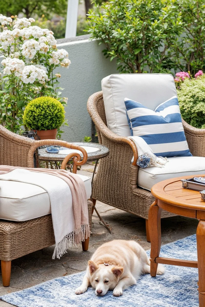 Shaded outdoor nook with a cooling pet mat, hanging fan, and dog bed underneath a sail shade.