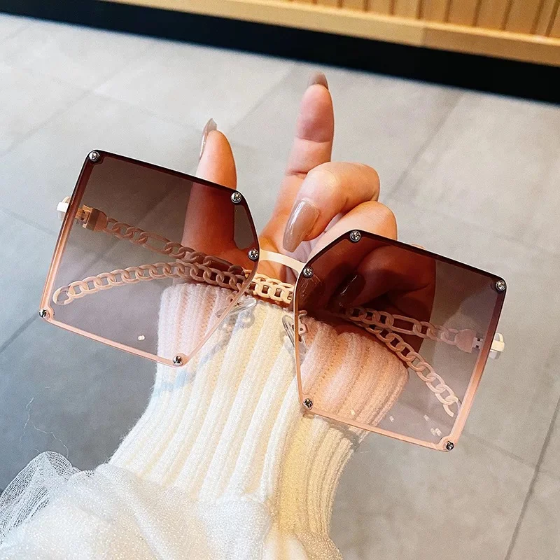 

Vintage Alloy Chain Frame Sun Shades New Arrival Latest Fashion Sun Glasses Women Oversized Big Frame 2021, 6 colors