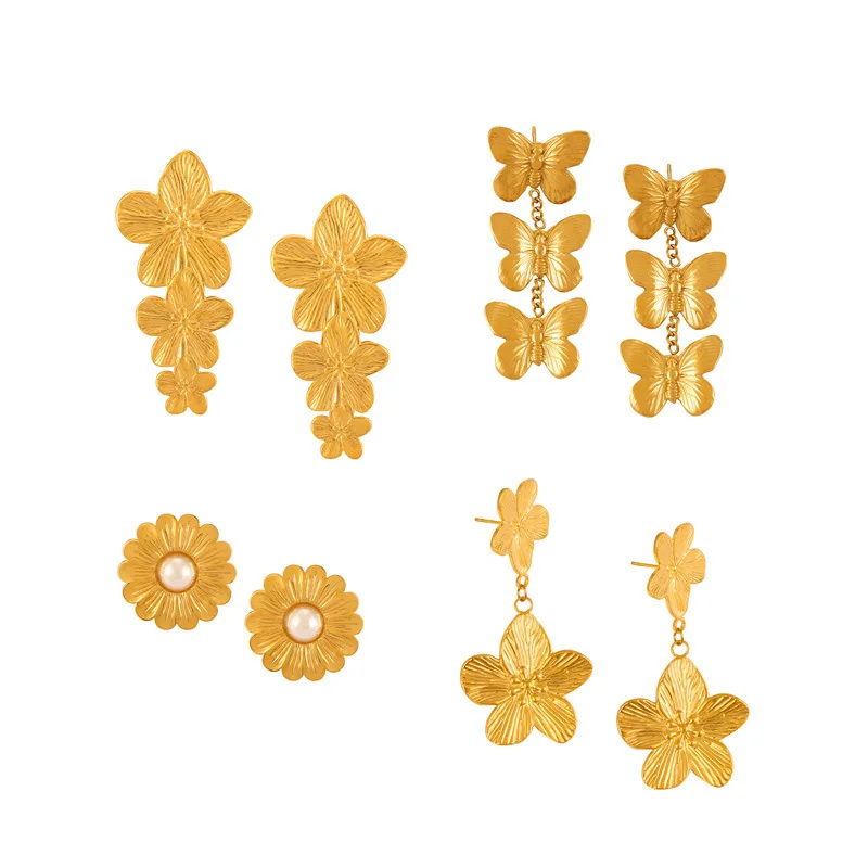YF3716 Fashionable Waterproof Stainless Steel Jewelry 18k Gold Plated Flower Butterfly Pearl Inlaid Versatile Earring Set