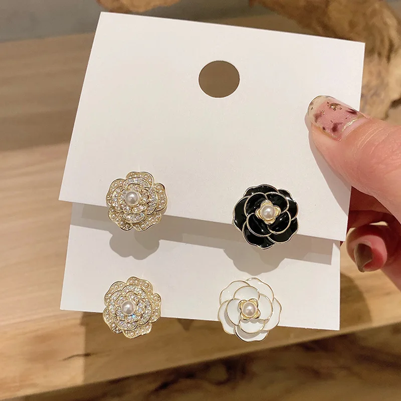 

Korea Fashion Luxury Lovely Camelliae Flower Earrings Ear Studs Crystal Pearl Earring for Women Gold Plated Jewelry, Colorful