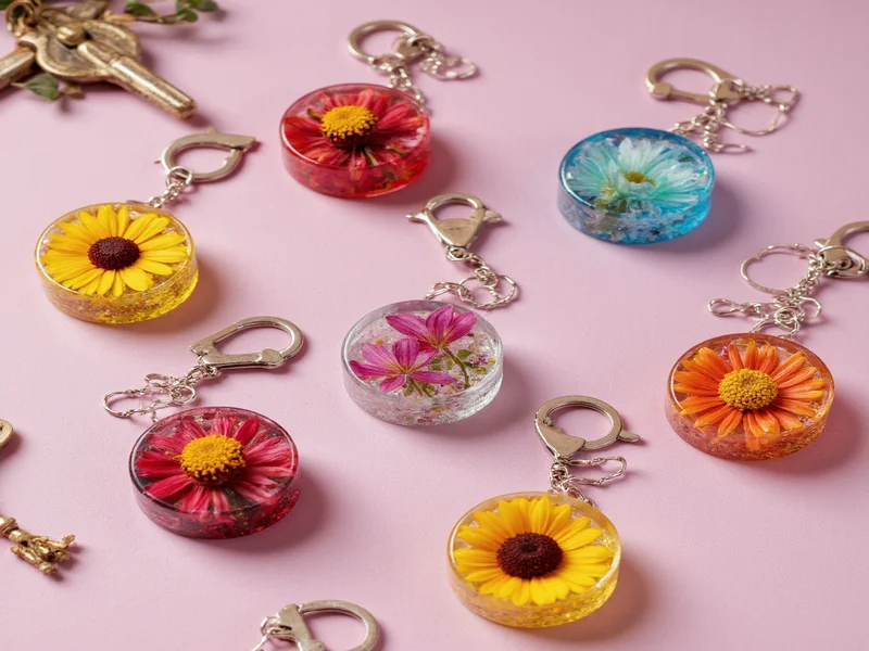 Colorful resin keychains with embedded dried flowers