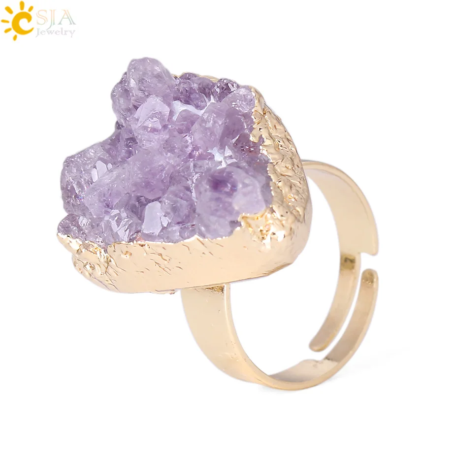 

CSJA newest natural crystal stone amethyst ring gold plated resizable 2020 women fashion ring wholesale F364