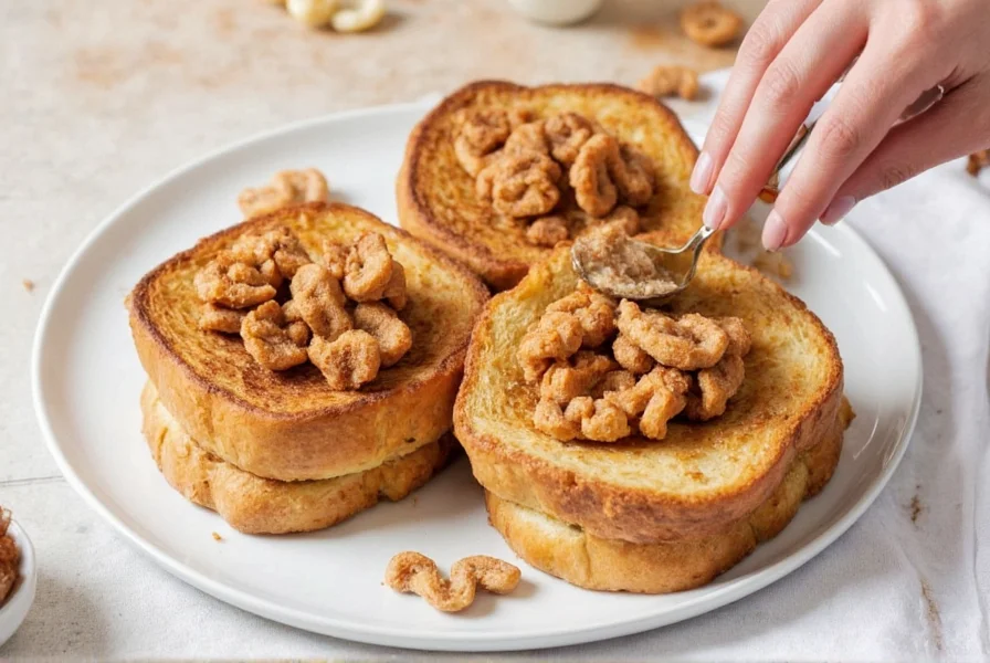 Step-by-step preparation of cinnamon toast crunch french toast showing cereal coating application