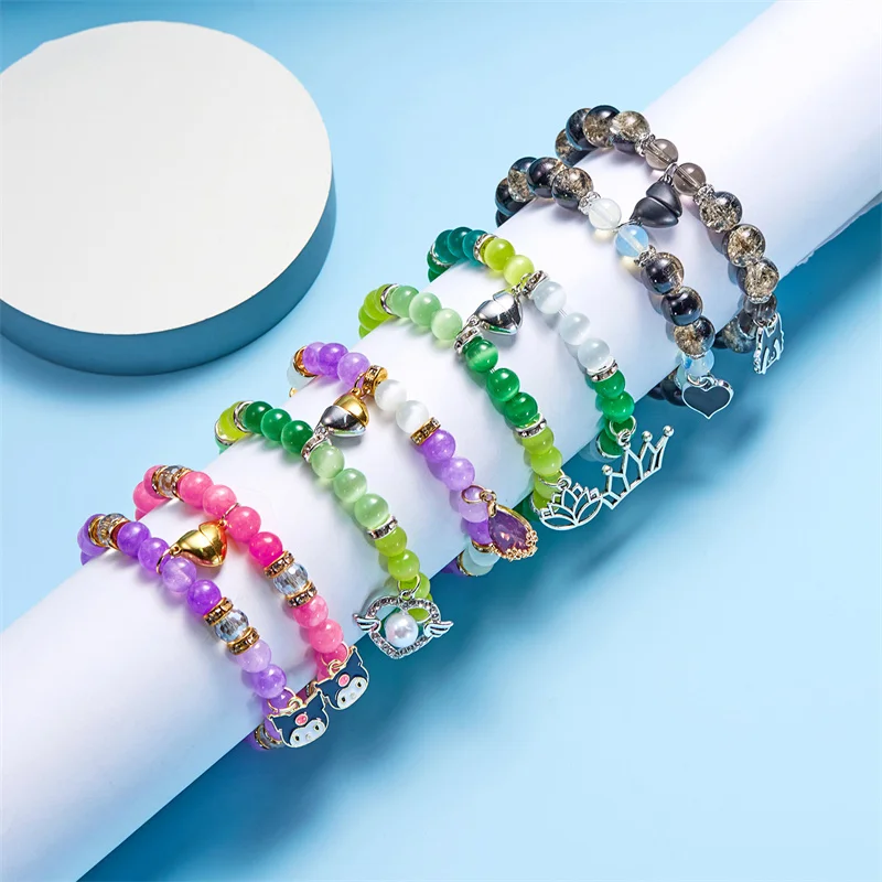 

Creative Colorful Opal 8/10mm Rainbow Opal Cat Eye Beaded Crown Charm Couple Bracelets Sets