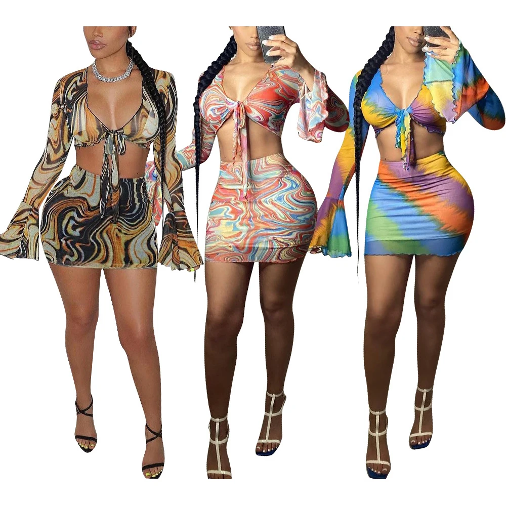 

FS3025D Ladies sexy dress summer Print Skirts and long sleeve Tops Sets Women mesh Crop Top Mini Skirt outfits