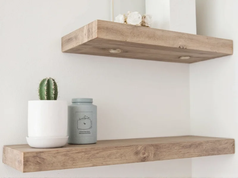 Floating shelves made from salvaged wood planks