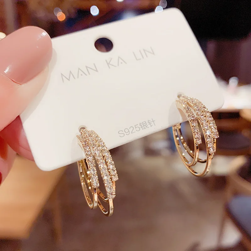 

Fashion 925 Silver Needle Multi Layer Round Rhinestone Hoop Earrings 18k Gold Plated 3 Layers Diamond Circles Zircon Earring