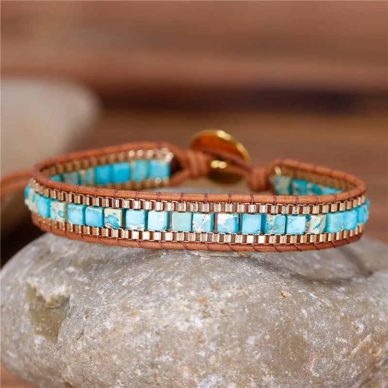 

YueTong Natural Stone Leather Wrap Bracelet Square Bead Jasper Chain Cuff Bracelet Bohemian Bangle Jewelry Wholesale Dropship