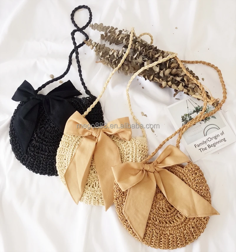 

New fashion round all-match sling bags for women straw beach shoulder bag with bow, Customizable