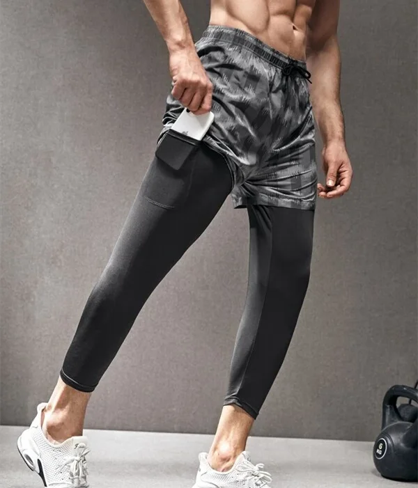 

Mens summer 2 In 1 Graphic Print Drawstring Waist Sport Tights Inner compression pant legging Two-Layer shorts with phone pocket