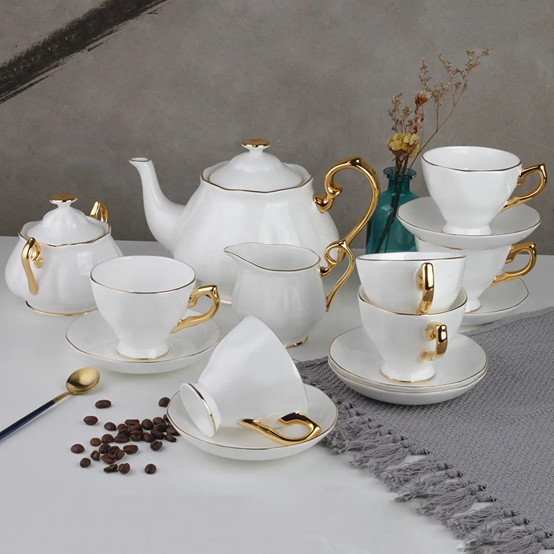 

New Design 15 Pcs Luxury European Style White Color Golden Edge Ceramic Coffee Tea Sets