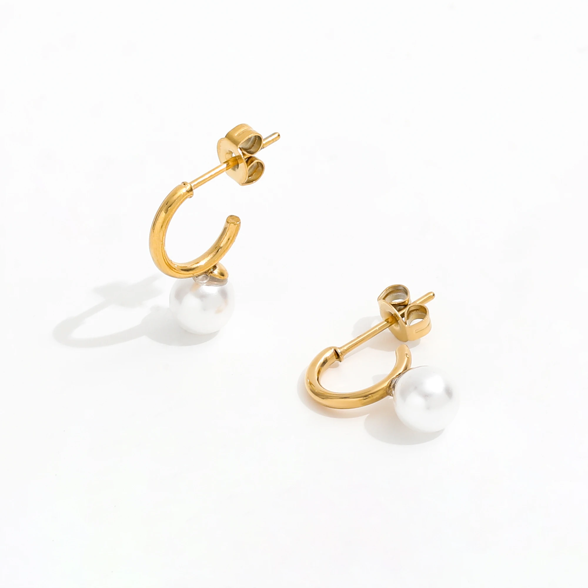Joolim High End 18K Gold Plated Imitation Pearl Mini C Hoop Earrings Stainless Steel Jewelry for Women Wholesale
