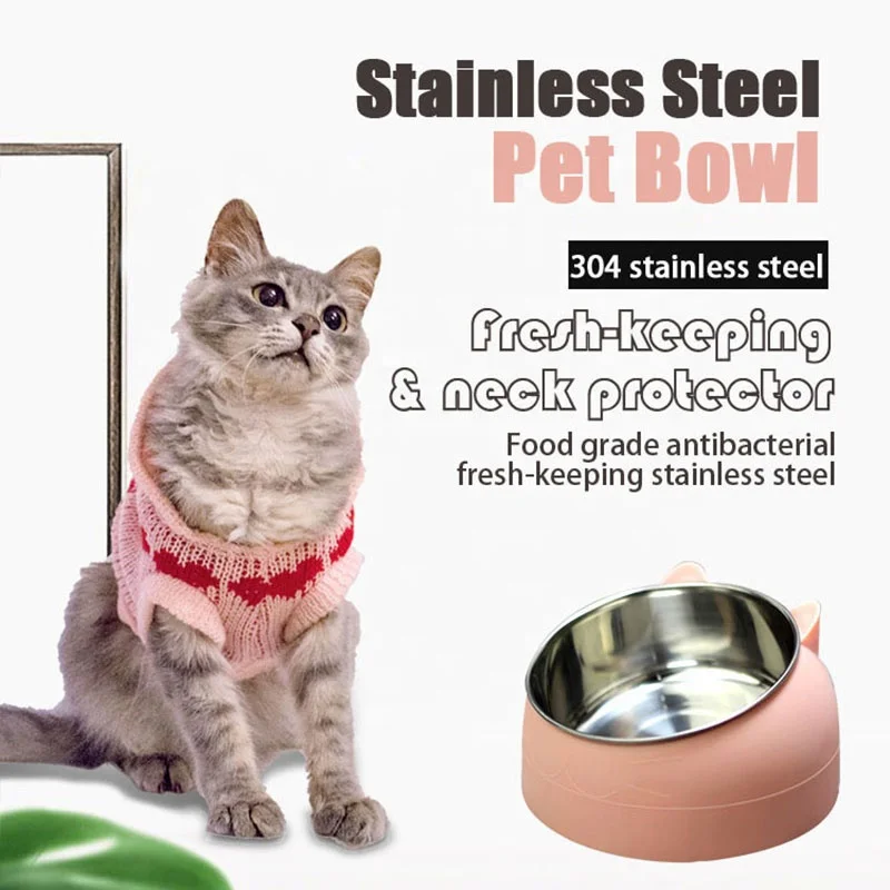 

Lovely Oblique Mouth Stainless Steel Protect Spine Cervical Keep Fresh Pet Double Bowl Cat Feeder Dog Feeder For Hot Sale, Blue and black and pink and white and green