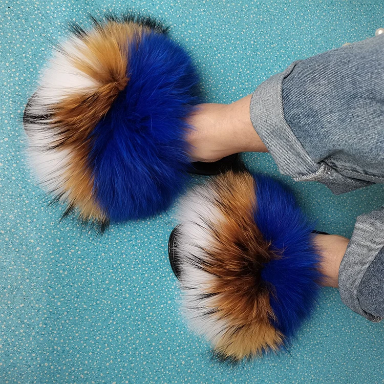 

Luxury Summer Women's Large Fox Fur Slippers Fuzzy Fur Slides Fluffy FOX Sandals Open Toe Indoor Outdoor raccoon furSlides