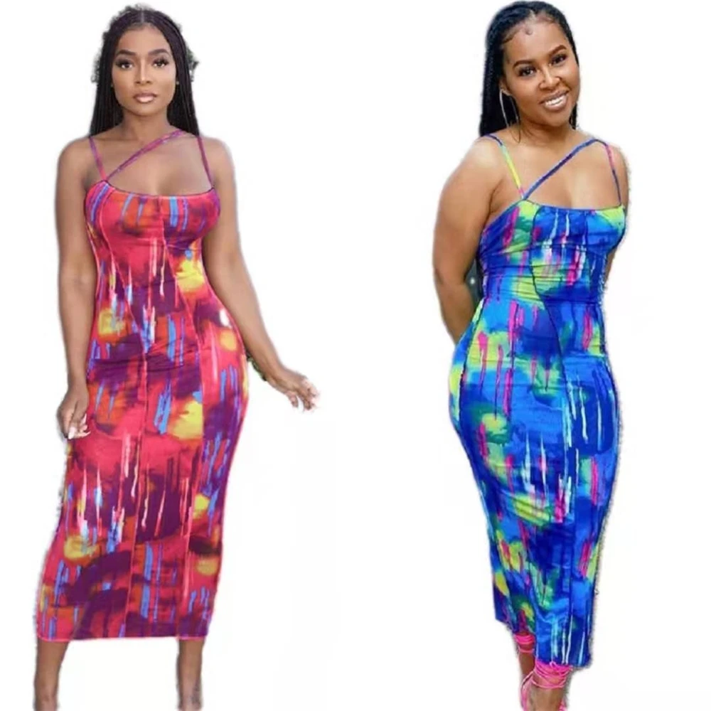 

LXX379 Best Design Tight Tie-dye Summer print halter with one line neck bare back slim long dress women Sleeveless dress, As picture or customized make