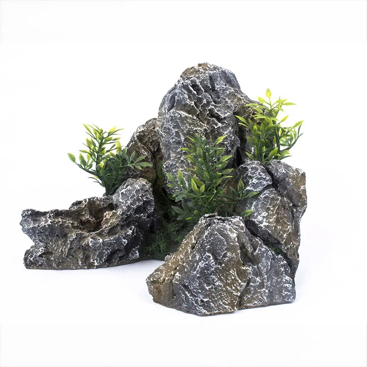 VMCN Aquarium Decoration Mountain View Stone Ornament Tree Rock Cave Fish Tank Decoration with Small Plants for Fish Shrimp to Hide 
