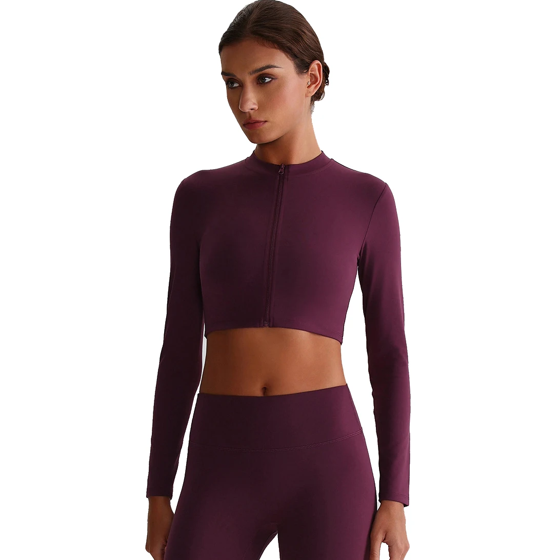Women's Long Sleeve Soft Lightweight Quick Dry Crop Fitness Top with Front Zipper Active Wear