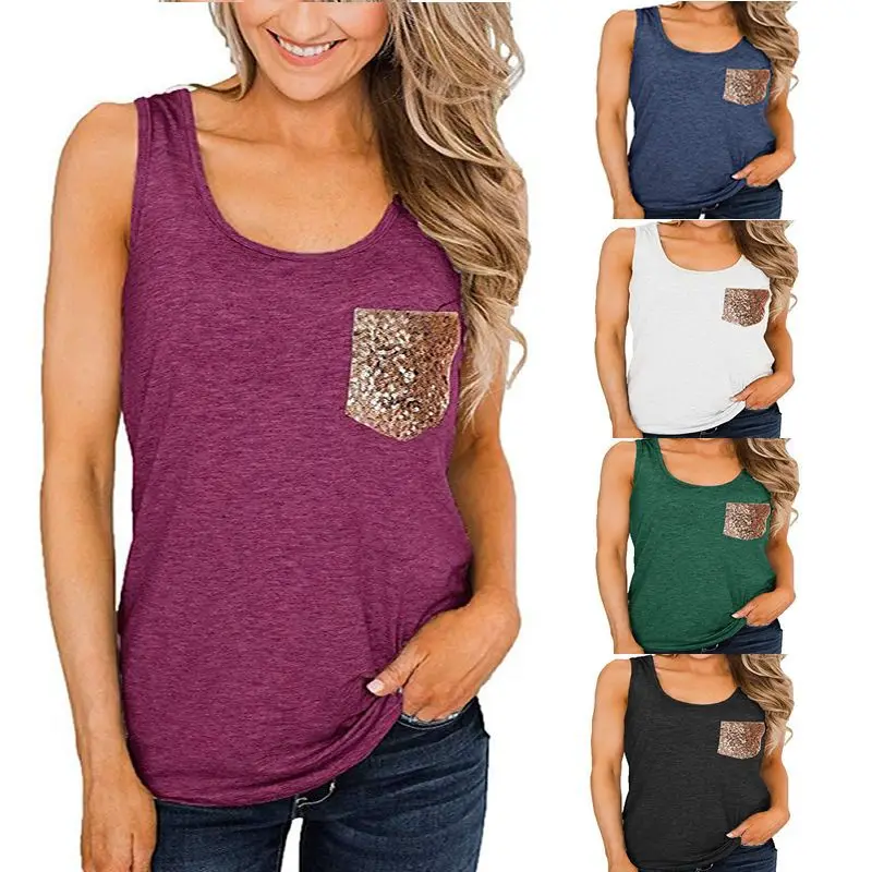 

Womens Crew Neck Cami Tank Tops Summer Casual Tees with Sequin Pocket